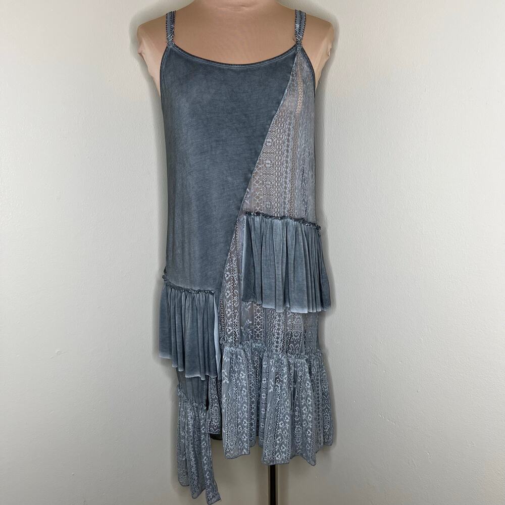 POL Shift Dress Womens Small Gray Acid Wash Tiered Ruffle Lace Artsy Boho Hippie